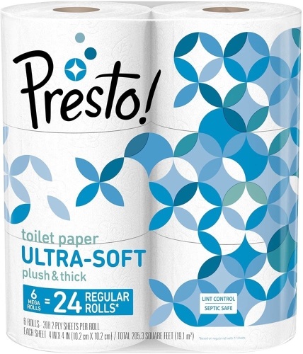 Lot of (4) 6-Packs, Presto! 308-Sheet Mega Roll Toilet Paper, Ultra-Soft (24 Rolls in Total). New - Lot 720