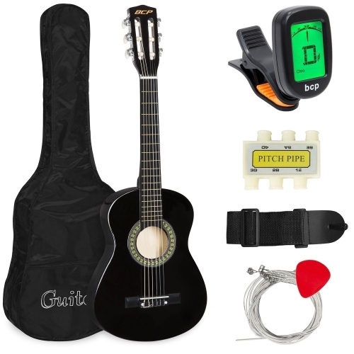 30in Kids Acoustic Guitar Beginner Starter Kit with Tuner, Strap, Case, Strings - Black. E-Commerce Return - Lot 854