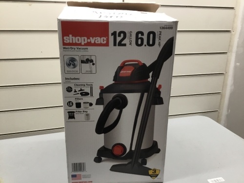 Shop-Vac 12-Gallon Portable Wet/Dry Shop Vacuum. Missing Hose Attachments. E-Commerce. Tested/Works - Lot 888