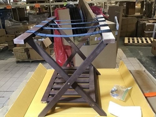 PJ Wood Foldable Luggage Rack with Shelf - Walnut. Missing Hardware. Appears New.  - Lot 925