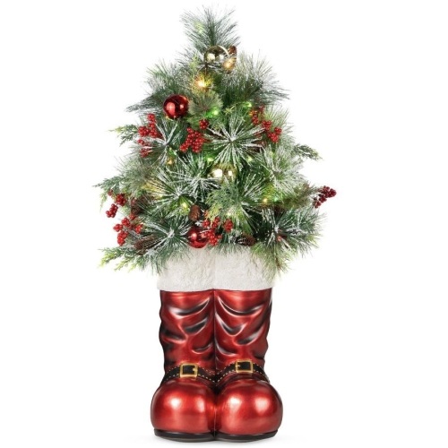 Santa Boots w/ Pre-Decorated Christmas Greenery, Lights - 40in - Lot 383