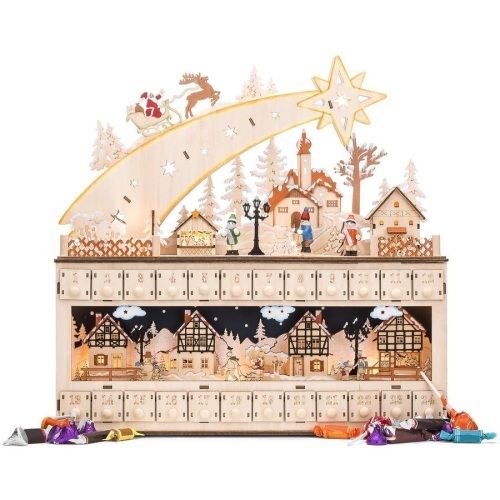 Wooden Christmas Shooting Star Advent Calendar w/ LED Light Background - Lot 567