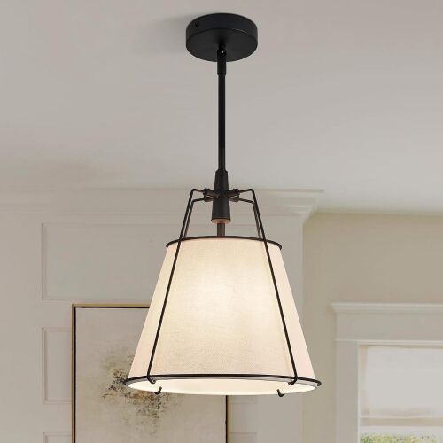 ZVXREZLD Modern Pendant Light Fixtures with 13" Off-White Linen Fabric Shade, Adjustable Hanging Light Fixture,Drum Black Vintage Chandelier for Kitchen Island Bedroom Dining Room Foyer Entryway