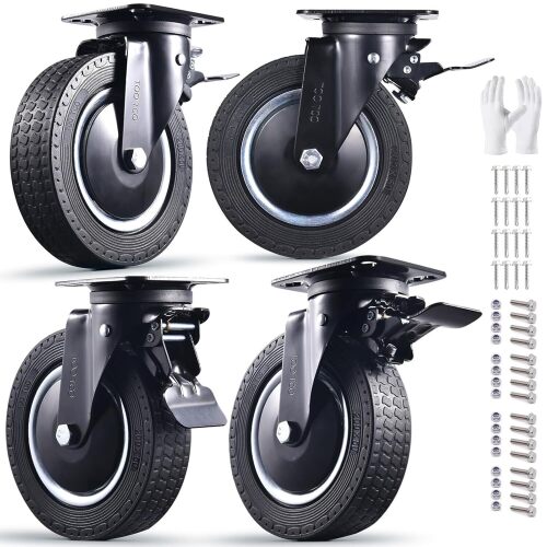 8" Industrial Caster Wheels Set of 4 Durable Heavy Duty All 4 Swivel Locking Casters with 3200 Lbs Load Capacity - Outdoor Rubber Wheels for Cart, Furniture, Workbench