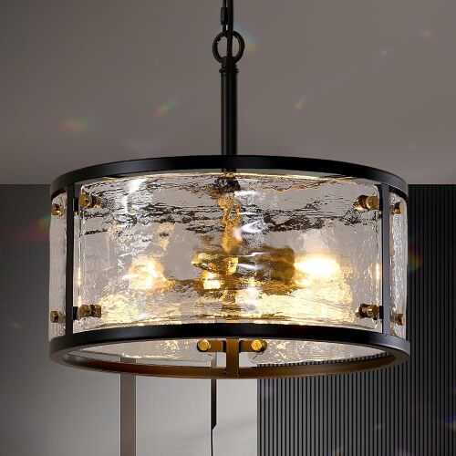 Farmhouse Glass Drum Chandelier for Dining Room | 13" Entryway Light Fixture | 3-Light Kitchen Chandelier Over Table | Bedroom Living Room Hallway Foyer Pendant Ceiling Light Fixture