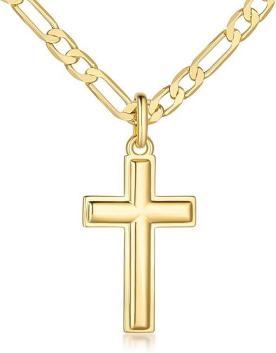 Kelli Myers Gold Cross Necklace for Mens Cross Chain Faithful Gold Pendant for Men 3-in-1 Figaro Chain Mens Necklaces 24in