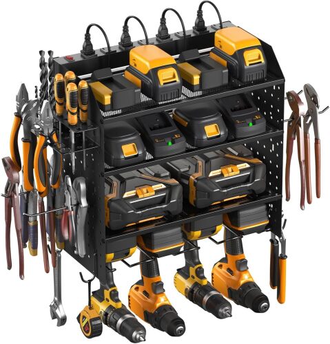 CCCEI Modular Pegboard Rack Power Tool Organizer with Charging Station. 4 Layer Wall Mount Drill Holder, Tools Battery Charger Organizer. Garage Shop Storage Utility Shelf with 6FT Power Strip, Black