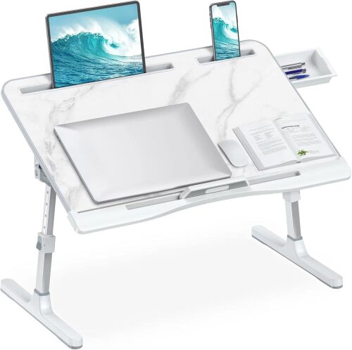Laptop Bed Desk, Adjustable Laptop Lap Desk with Drawer, X-Large Foldable Bed Table Tray for Bed Couch Floor Desk Writing Working Reading Eating Painting (Marble, 23.6"×15.7") - Lot 10020