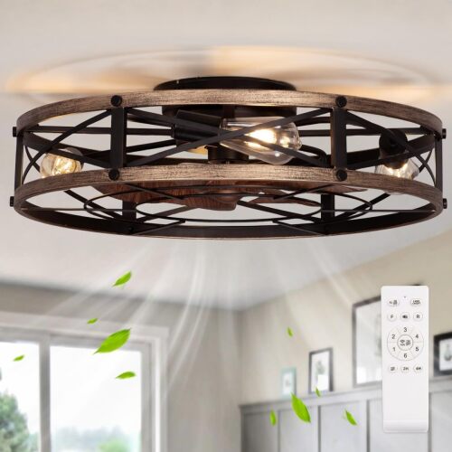 24" Farmhouse Flush Mount Ceiling Fans with Lights, Caged Low Profile Enclosed Ceiling Fans with Lights and Remote, Rustic Large Bladeless Ceiling Fan with Light for Bedroom, Kitchen - ETL - Lot 10021
