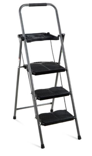 3-Step Portable Folding Anti-Slip Steel Ladder w/ Hand Grip, Utility Tray, 330lb Capacity - Lot 10028