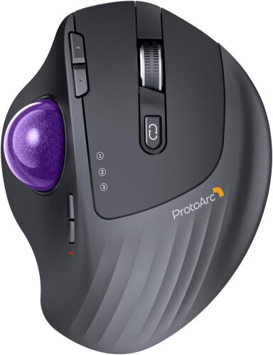 ProtoArc Wireless Trackball Mouse, EM01 NL Ergonomic Bluetooth Rollerball Thumb Rechargeable Computer Laptop Mouse, Adjustable Angle & 3 Device Connection for PC, Mac, Windows-Purple Ball - Lot 10039