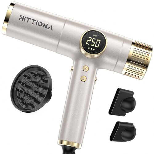 HITTIONA Dual Voltage Travel Hair Dryer with Magnetic Diffuser - 2000W High-Speed Ionic Hair Dryers Gift for Women, Fast Drying, Low Noise, Lightweight, No Heat Damage, European Travel 110V-240V, Gold - Lot 10041
