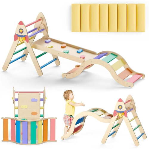 KidsBuddy Pikler Triangle Set with Cushion, 9-in-1 Kids Climbing Toys for Toddlers 1-3 Inside,Montessori Toddler Climbing Toys Indoor,Baby Playground for Children (Rocket Pattern) - Lot 10044