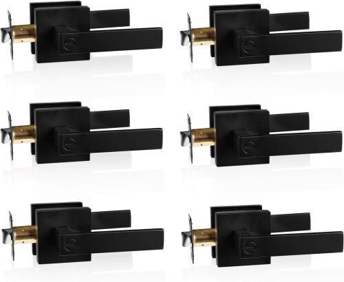 6 Pack Matte Black Privacy Door Handle Heavy Duty Reversible Square Door Lever Keyless Interior Door Knob Lockset Door Lever for Bedroom, Bathroom, Rooms Left Right Handed Doors