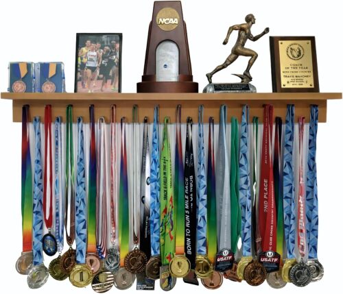 MedalAwardsRack 3ft- Ultimate Medal Hanger Display and Trophy Shelf - Multi-Sport Trophy and Medal Holder for Medal Display, Plaques, Pictures, Trophies and more. Solid Wood - Large 36" - Walnut