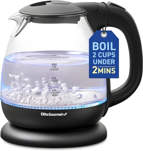 Elite Gourmet EKT1001 Electric 1.0L BPA-Free 1100W Glass Kettle Cordless 360° Base, Stylish Blue LED Interior, Handy Auto Shut-Off Function – Quickly Boil Water For Tea & More, Black - Lot 9205