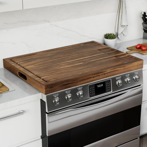 Noodle Board Stove Cover with Handles, 3 in 1 Wood Stove Top Covers Board for Gas Burners and Electric Stove, Wooden RV Stovetop Cover, Tray for Kitchen Counter Space with Juice Grooves - Lot 9213