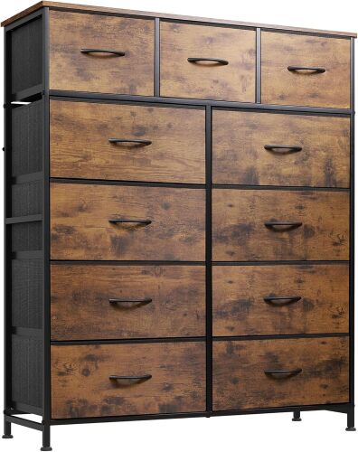 WLIVE Tall Dresser for Bedroom, Fabric Dressers Storage Tower, Dresser & Chest of Drawers Organizer Unit with 11 Drawers, Storage Cabinet, Hallway, Closets, Steel Frame, Wood Top, Rustic Brown - Lot 9233