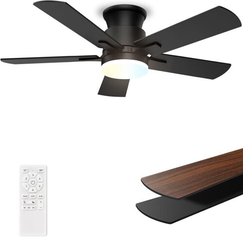 Flush Mount Ceiling Fans with Lights 42 Inch, Remote Control, 3CCT Dimmable, 6 Speeds, Noiseless Reversible DC Motor, Low Profile Hugger Black Ceiling Fan for Living Room, Patio, Indoor/Outdoor, ETL - Lot 9238
