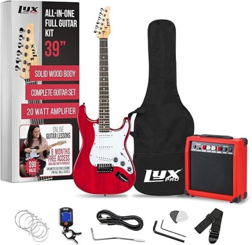 LyxPro 39 inch Electric Guitar Kit Bundle with 20w Amplifier, All Accessories, Digital Clip On Tuner, Six Strings, Two Picks, Tremolo Bar, Shoulder Strap, Case Bag Starter kit Full Size - Red - Lot 9250