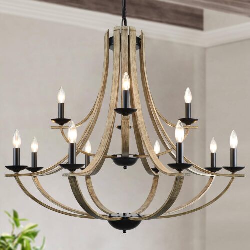 LAMPKEDUO Farmhouse Chandeliers for Dining Room Light Fixture, 2 Tier 12-Light 41" Adjustable Height Retro Faux Wood Texture Rustic Light Fixtures for Living Room Bedroom Kitchen Island Foyer Entryway - Lot 10058