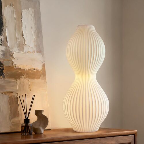 RONDURE 15.8" Modern Ceramic Table Lamp, Fully Dimmable Modern Bedside Lamps for Bedroom, Living Room and Nightstand, White Translucent Ceramic Shade, Warm Ambient Lighting, Corded, Bulb Included - Lot 10059