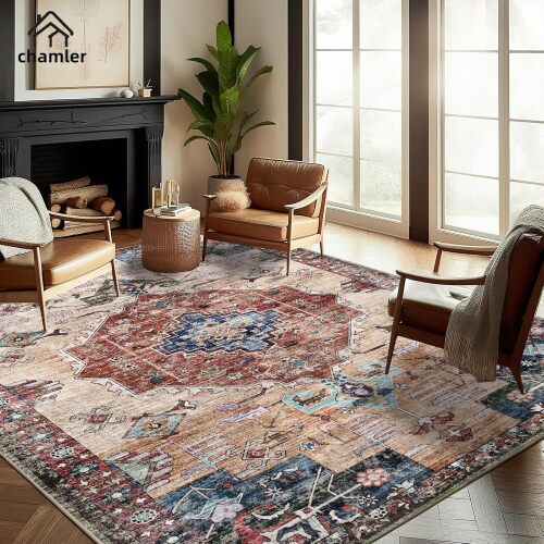 chamler 9x12 Washable Area Rug Boho Chic Medallion Distressed Design Non-Shedding Easy Care Ideal for High Traffic Areas in Rugs for Living Room Bedroom Office Coffee Table Large Carpet - Lot 10060