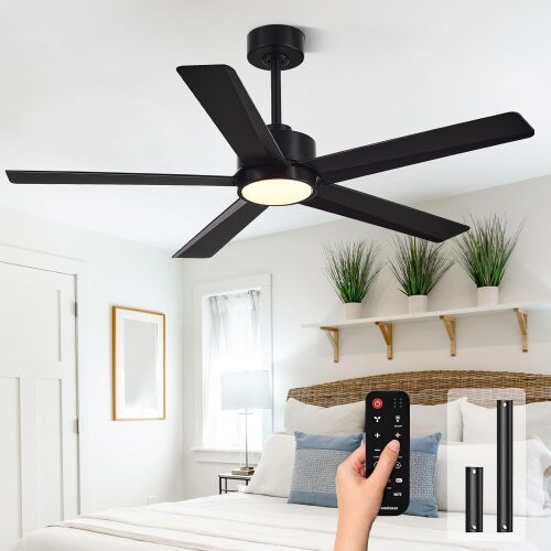 Conciseer Modern Ceiling Fans with Lights,52 Inch Ceiling Fans with Remote for Bedroom Living Room Kitchen, 18W 3CCT Dimmable，5 Blades 6 Speed Reversible Quiet DC Motor Black - Lot 10087