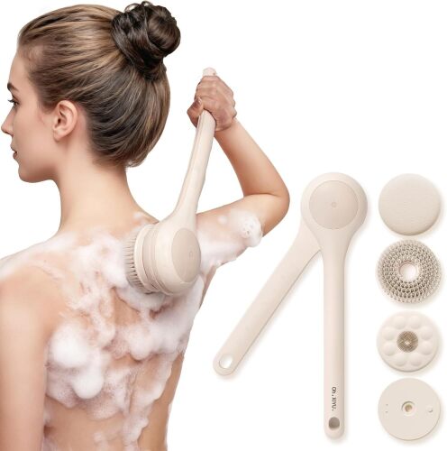 Electric Body Brush Back Scrubber for Shower, Waterproof Long Dual Handle Body Scrubber with 3 Heads, Bath Brush & 2 Speeds, for Cleansing, Exfoliating and Massaging Skin