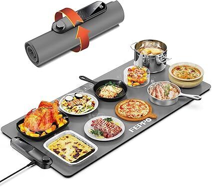 FEPPO Food Warming Mat Electric Warming Trays for Buffets Party, Fast Full-Surface Heating Mat for Food with 19 Level Adjustable Temperature and 6 Hours Timer, Roll Up Food Warmer