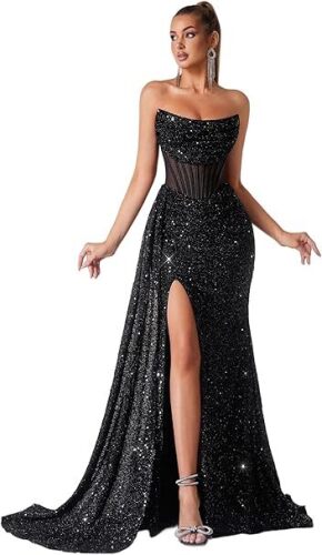 Cocktail Evening Gowns Formal Dresses for Women Sequin Tulle Wedding Guest Party Sexy Off Shoulder Floor Length Prom Dress XL