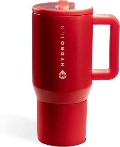 HydroJug Traveler - 40 oz Water Bottle with Handle & Flip Straw - Fits in Cup Holder, Leak Resistant Tumbler-Reusable Insulated Stainless Steel & Rubber Base - Gifts for Women & Men, Alumni Red