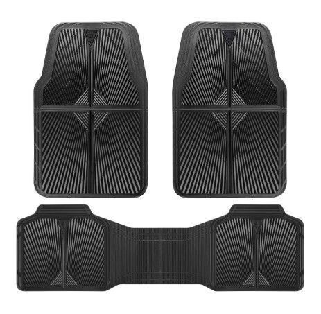 Rubber Floor Mats, All Weather Waterproof Trim-to-Fit Automotive Mats for Cars Trucks SUV, Anti-Slip Easy Clean, Heavy Duty Full Set 3-Piece, All Black