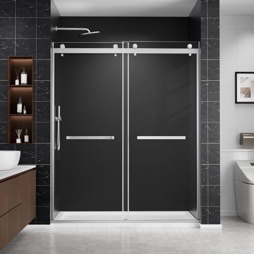 Frameless Double Sliding Shower Door 56-60" W x 76" H, 1/4" Tempered Glass Two Horizontal Handles Easy Clean Stainless Steel Hardware Brushed Nickel