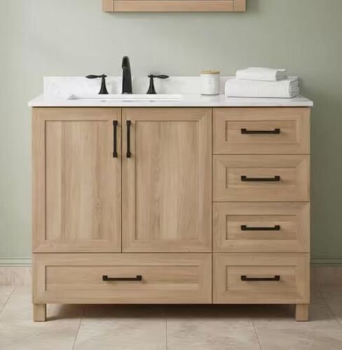 Glacier Bay Tobana 42 in. Single Sink Freestanding Weathered Tan Bath Vanity with White Engineered Marble Top