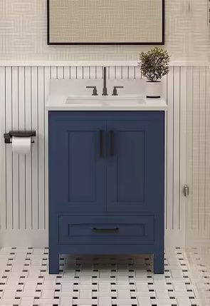 AYNA DECORS Rooh 24 in. Single Sink Freestanding Navy Blue Bath Vanity with White Quartz Top
