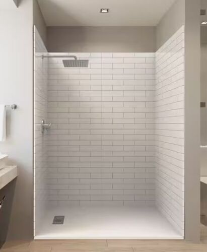 Subway 36 in. x 60 in. x 84 in. Solid Composite Stone Alcove Shower Kit with Walls and White Pan Base L/R Drain