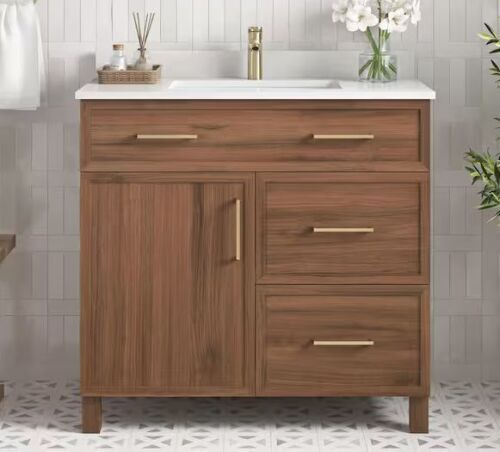 Home Decorators Collection Bilston 36 in. Single Sink Spiced Walnut Bath Vanity with White Engineered Stone Top