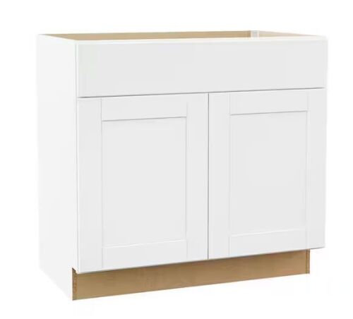 Hampton Bay Shaker 36 in. W x 21 in. D x 34.5 in. H Assembled Bath Sink Base Bathroom Cabinet in Satin White