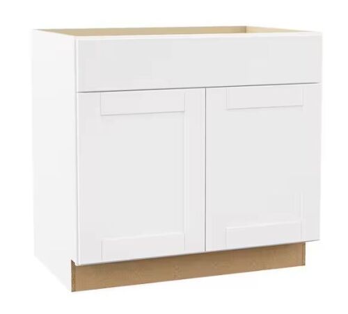 Hampton Bay Shaker 36 in. W x 24 in. D x 34.5 in. H Assembled Sink Base Kitchen Cabinet in Satin White