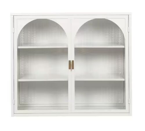 27.56 in. White Glass 2-Door 2-Shelf Wall Cabinet with 3-Tier Storage and Woven Pattern