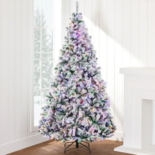 7.5' Pre-Lit Snow Flocked Artificial Pine Christmas Tree w/ Multicolored Lights