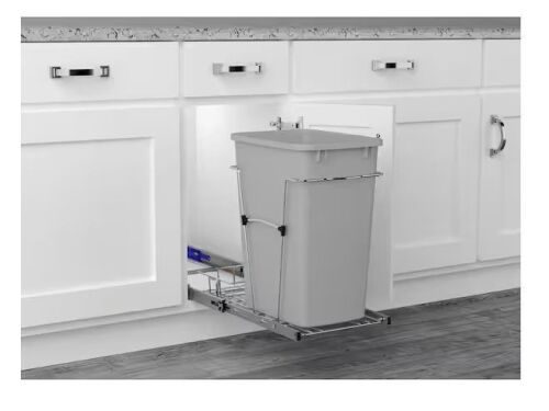 Rev-A-Shelf Chrome Steel Single 35 qt. Gray Waste Pullout with Detachable Storage Basket and Soft-Close