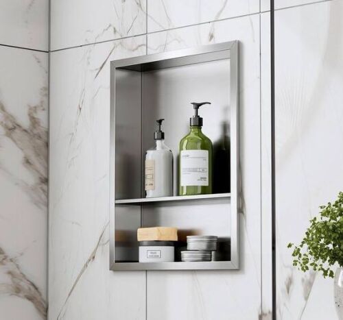 18 in. W x 14 in. H x 4 in. D Waterproof Recessed Shower Niche Storage Shelf in Brushed Nickel, No Tile Needed