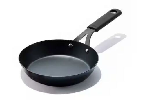 OXO Black Steel 8 in. Pre-Seasoned Carbon Steel Induction Safe Frying Pan with Silicone Sleeve in Black