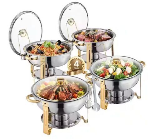 Chafing Dish Buffet Set, 5 qt. 4-Pack, Stainless Steel Chafer with Pans and Glass Lid