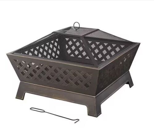 Hampton Bay Tipton 34in. W Rubbed Bronze Steel Wood Outdoor Fire Pit with Screen and Poker Included