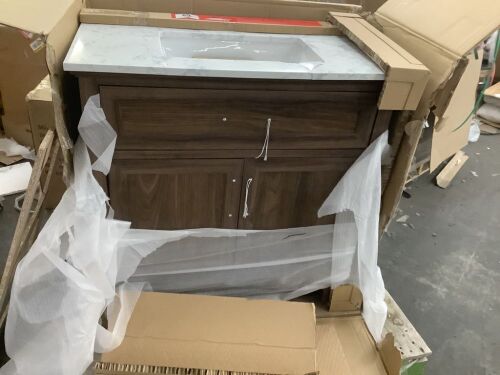 Home Decorators Collection Doveton 36 in. Single Sink Freestanding Dark Walnut Bath Vanity with White Engineered Marble Top - Broken Top