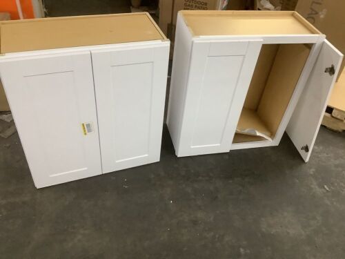Lot of (2) Hampton Bay Shaker 27 in. W x 12 in. D x 30 in. H Assembled Wall Kitchen Cabinet in Satin White - 1 Needs Repair