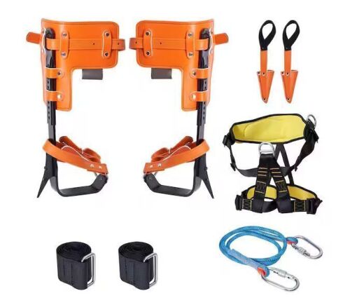 1 Pair Alloy Steel Climbing Spurs with Safety Rope and Harness, 350 lbs. Load Capacity